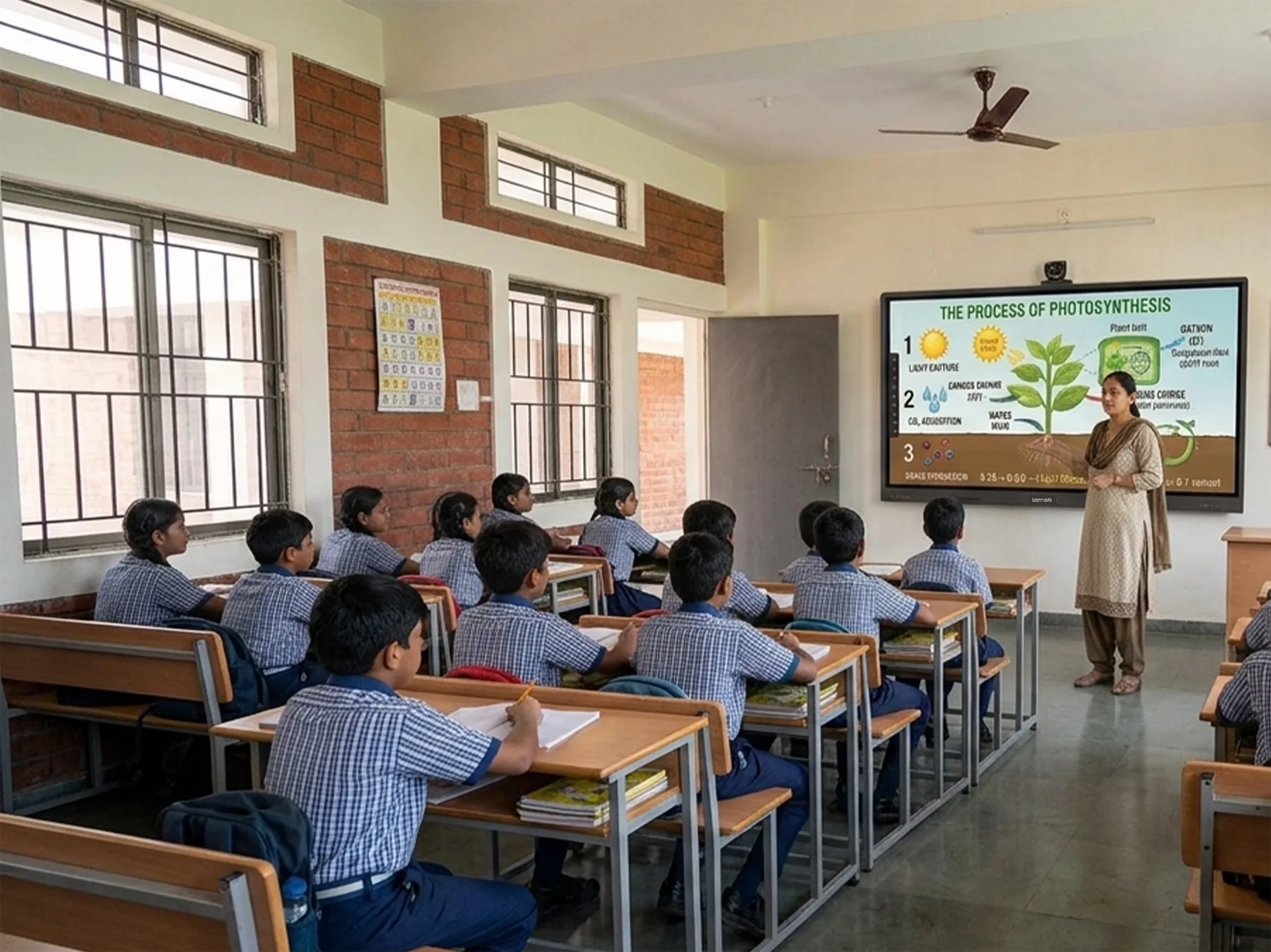 Teacher showing a digital lesson on a Kamark interactive flat panel
