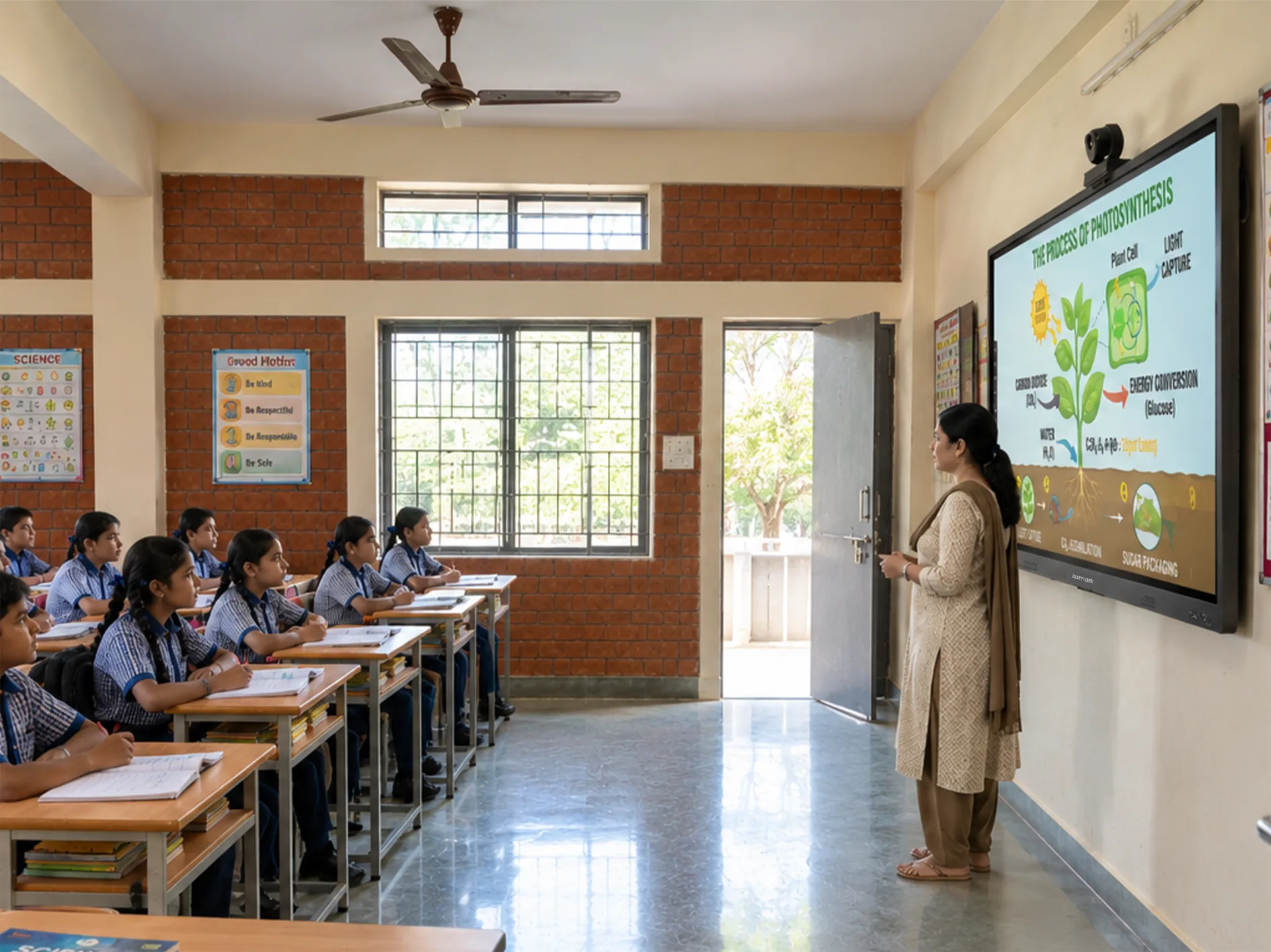Teacher explaining a lesson on a Kamark interactive flat panel in class