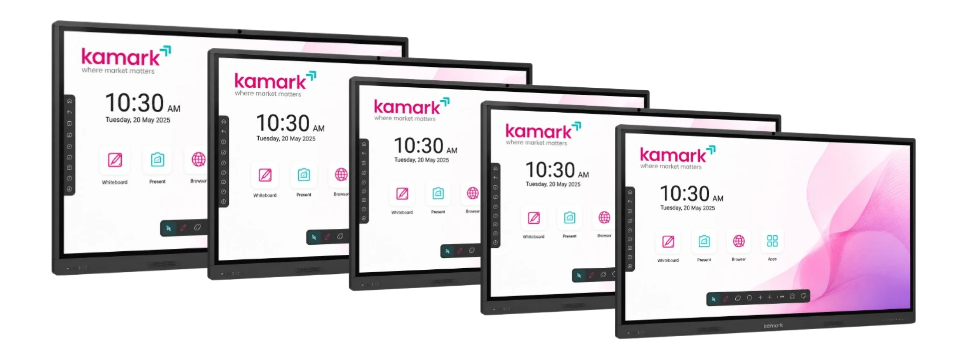 Kamark interactive flat panel lineup showing available classroom display sizes